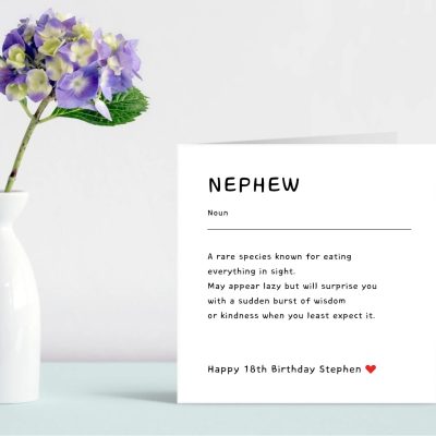 Personalised nephew birthday card – modern definition-style design – white square card with white vase on desk - text - rare species