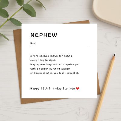 Personalised nephew birthday card – modern definition-style design – white square card with envelope on desk - text reads rare species