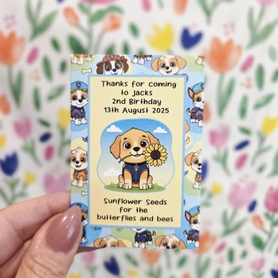 Puppy themed sunflower seed packet personalised for child’s birthday party favour