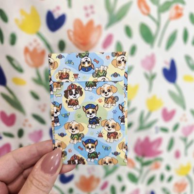 Back of puppy dog themed sunflower seed packet with colourful printed design