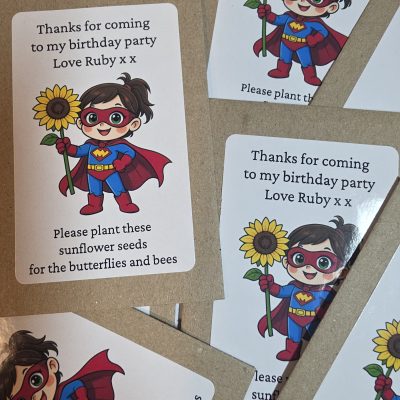 Personalised sunflower seed party favours with superhero girl sticker and kraft envelopes, eco friendly kids birthday thank you gifts