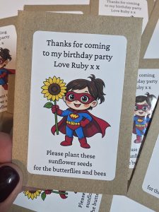 Personalised superhero sunflower seed party favours